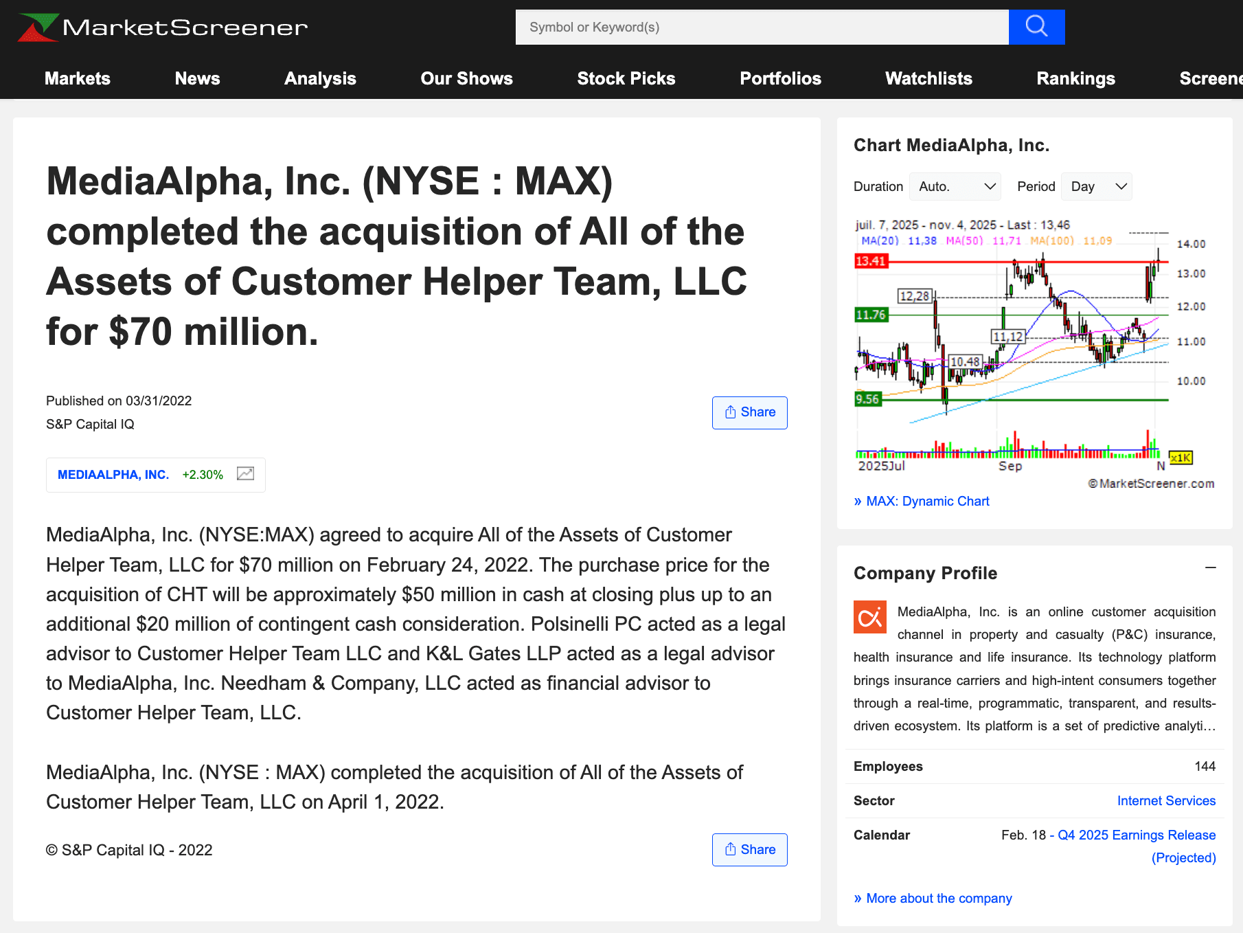 MediaAlpha $70M acquisition announcement